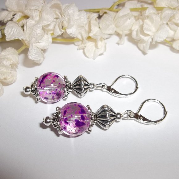 Clear & Purple Glass Beaded Earrings NWT Set Dangle Drop Fashion Accessory 5296 - Picture 4 of 8